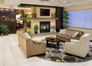 a lobby with couches and a fireplace in a store at Hilton Garden Inn Mankato Downtown in Mankato
