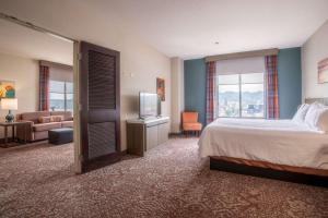 a bedroom with a bed and a television and a couch at Hilton Garden Inn Mankato Downtown in Mankato +7 photos