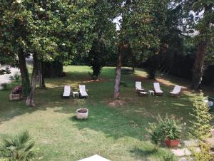 a group of lounge chairs in a yard with trees at Residenza La Dimora ImPerfetta in Salionze