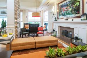 Hilton Garden Inn New Orleans Airport في كينير: غرفة معيشة مع أريكة ومدفأة
