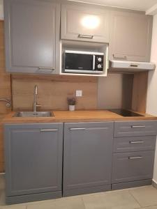 a kitchen with a sink and a microwave at Appartement Calme, lumineux, Terasse proche Paris in Sceaux