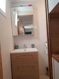 małą łazienkę z umywalką i lustrem. w obiekcie Appartement Calme, lumineux, Terasse proche Paris w mieście Sceaux