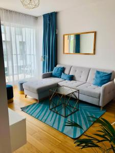 a living room with a couch and a blue rug at Cosy apartment green&quiet Ursynów in Warsaw