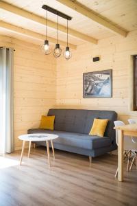 a living room with a couch and a table at Domki Bieszczadzkie Marzenie 781-966-947 in Polańczyk