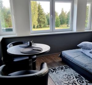 a living room with a table and chairs and windows at Park apartments in Rokiškis