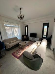 a living room with two couches and a tv at Villa Helios in Gürece +45 photos
