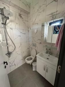 a bathroom with a toilet and a sink and a shower at Villa Helios in Gürece