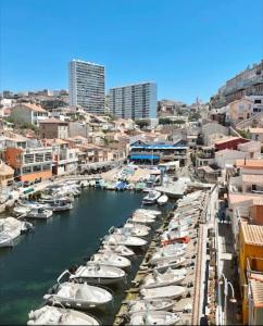 a bunch of boats are docked in a harbor at Le Cabanon du Vallon des Auffes in Marseille