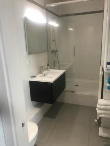 La salle de bains est pourvue d'un lavabo, d'une douche et de toilettes. dans l'établissement Port nivelle IBAIAN, à Saint-Jean-de-Luz