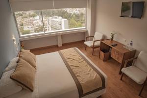 a bedroom with a bed and a desk and a window at Hotel Ambato in Ambato