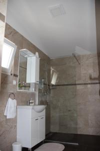 ein Badezimmer mit einem weißen Waschbecken und einer Dusche in der Unterkunft Pansion Infinity in Mostar