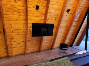 uma sala de estar com uma televisão numa parede de madeira em O Chalezinho em Serra Negra