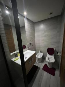 La salle de bains est pourvue d'un lavabo, de toilettes et d'un miroir. dans l'établissement Tamaris (Dar bouaaza), à Dar Bouazza