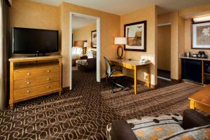 Cette chambre d'hôtel dispose d'une télévision et d'un bureau. dans l'établissement DoubleTree Suites By Hilton Anaheim Resort/Convention Center, à Anaheim