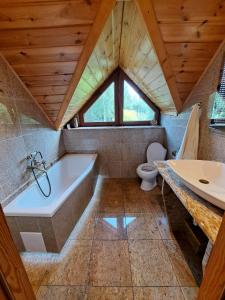 a bathroom with a tub and a toilet and a sink at Dom na mazurach in Jerutki
