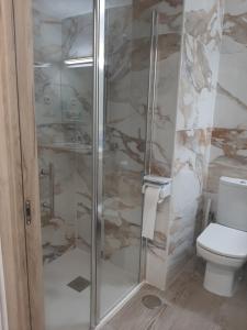 a bathroom with a shower and a toilet at CASA VACACIONAL INDIVIDUAL 65mtr in Pinto +16 photos