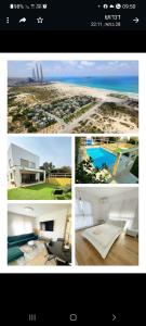 un collage de fotos de una playa y una casa en הבית בחוף הזהב en Caesarea