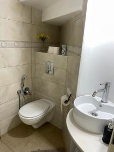 łazienka z toaletą i umywalką w obiekcie הבית בחוף הזהב w mieście Cezarea