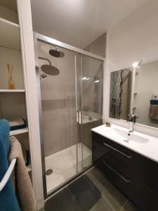 a bathroom with a shower and a sink at APPARTEMENT CENTRE VILLE AU CALME JARDIN et PARKING PUBLIC in La Rochelle