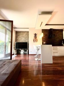グディニャにあるAltoria Apartamentyのソファとテレビ付きの広いリビングルーム