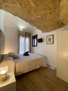 1 dormitorio con 1 cama con techo de piedra en Casa Cueva “El Refugio en la Cueva”, en Setenil