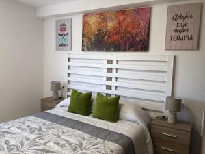1 dormitorio con 1 cama con 2 almohadas verdes en CASA MAR DE LUNA Playas en Raxo, en Raxó