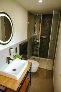a bathroom with a sink and a shower and a toilet at Wiesenglück Tiny House Hotel in Heilbad Heiligenstadt
