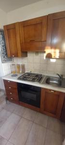 a kitchen with a stove and a sink at Appartamento con giardino Civitavecchia in Civitavecchia
