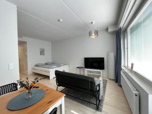 a living room with a couch and a television at Transit Apartment HEL Airport in Vantaa