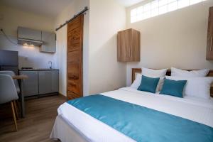1 dormitorio con 1 cama grande con almohadas azules en Aparthotel Madeleine, en Antananarivo