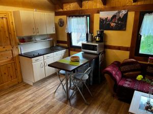 eine kleine Küche mit einem Tisch und einer Mikrowelle in der Unterkunft Ferienwohnung Makowitschka in Kreischa