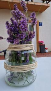 un vase en verre rempli de fleurs violettes sur une table dans l'établissement Room "Iva", à Josipdol