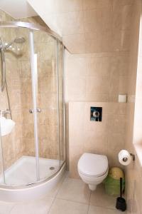 a bathroom with a shower and a toilet and a tub at Zielony Szlak in Kościelisko