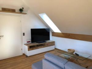 een woonkamer met een bank en een flatscreen-tv bij Neue luxuriöse Ferienwohnung in ruhiger Lage in Leutkirch im Allgäu