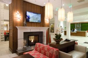 a living room with a fireplace and a tv at Hilton Garden Inn Hickory in Hickory