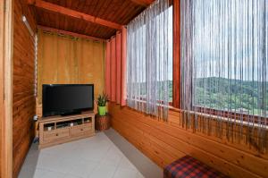 ein Wohnzimmer mit einem TV und einem Fenster in der Unterkunft Ruralna kuća za odmor RAJSKI MIR in Tuhelj