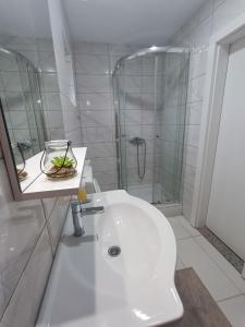 a white bathroom with a sink and a shower at House Mesić in Smoljanac