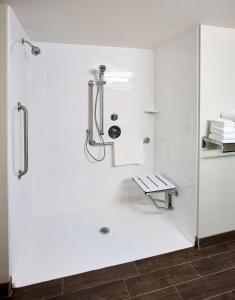 a white bathroom with a shower and a bench at Hampton Inn by Hilton Sarnia/Point Edward in Point Edward