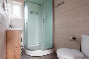 a bathroom with a shower and a toilet and a sink at Paukšcių takas Vertikalė poilsio namai in Šventoji +49 photos