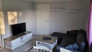 a living room with a couch and a tv at Lofoten Overnatting - Ballstad in Ballstad