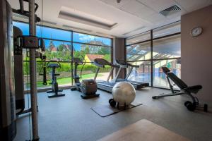 a gym with cardio equipment and a large window at DoubleTree by Hilton Hotel Sighisoara - Cavaler in Sighişoara