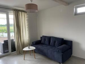 Apartamenty Lawendowy Zakątek في فواديسوافوفو: أريكة زرقاء في غرفة المعيشة مع طاولة