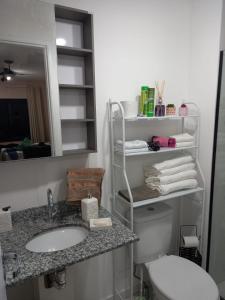 ein Badezimmer mit einem Waschbecken, einem WC und einem Spiegel in der Unterkunft Lindo Apartamento na Frei Caneca in São Paulo