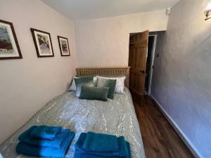 - une chambre avec un lit doté d'oreillers bleus dans l'établissement 17th Century Cottage with Hidden Garden, à Steeton