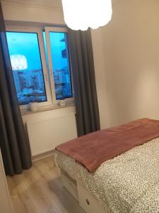 a bedroom with a bed and two windows with a view at Apartament Cztery Pory Roku Gdańsk in Gdańsk