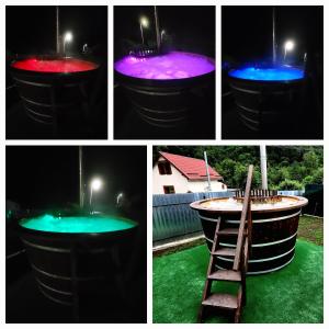 a group of four pictures of a barrel with colored lights at Carla House in Vidolm
