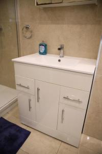 a bathroom with a white sink and a shower at CHATHAM GUEST HOUSE in Chatham