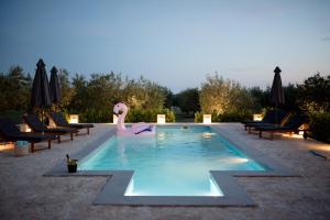 une piscine avec un flamingo rose dans l'eau dans l'établissement MY DALMATIA - Authentic Villa Storia with private heated pool, à Velika Čista