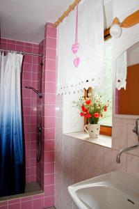 a pink bathroom with a sink and a shower at Chalupa Branžež Komárovský rybník in Branžež