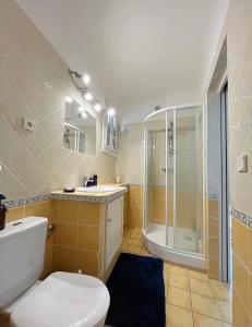 een badkamer met een toilet, een douche en een wastafel bij Cool Appart sur Croisette Palm Beach in Cannes